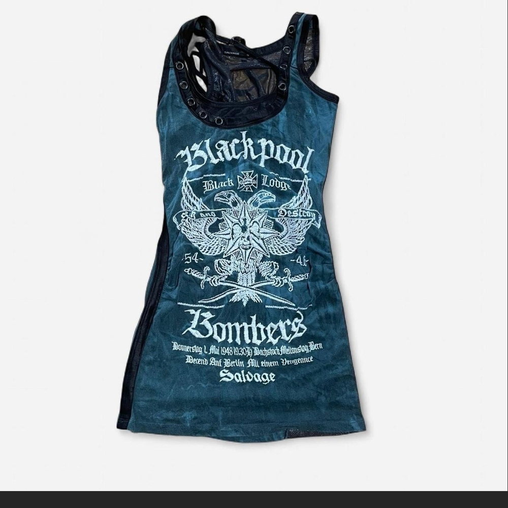 SALVAGE "Blackpool Bombers" Blue Mesh Back Graphic Dress. Fits S-L - Picture 1 of 2